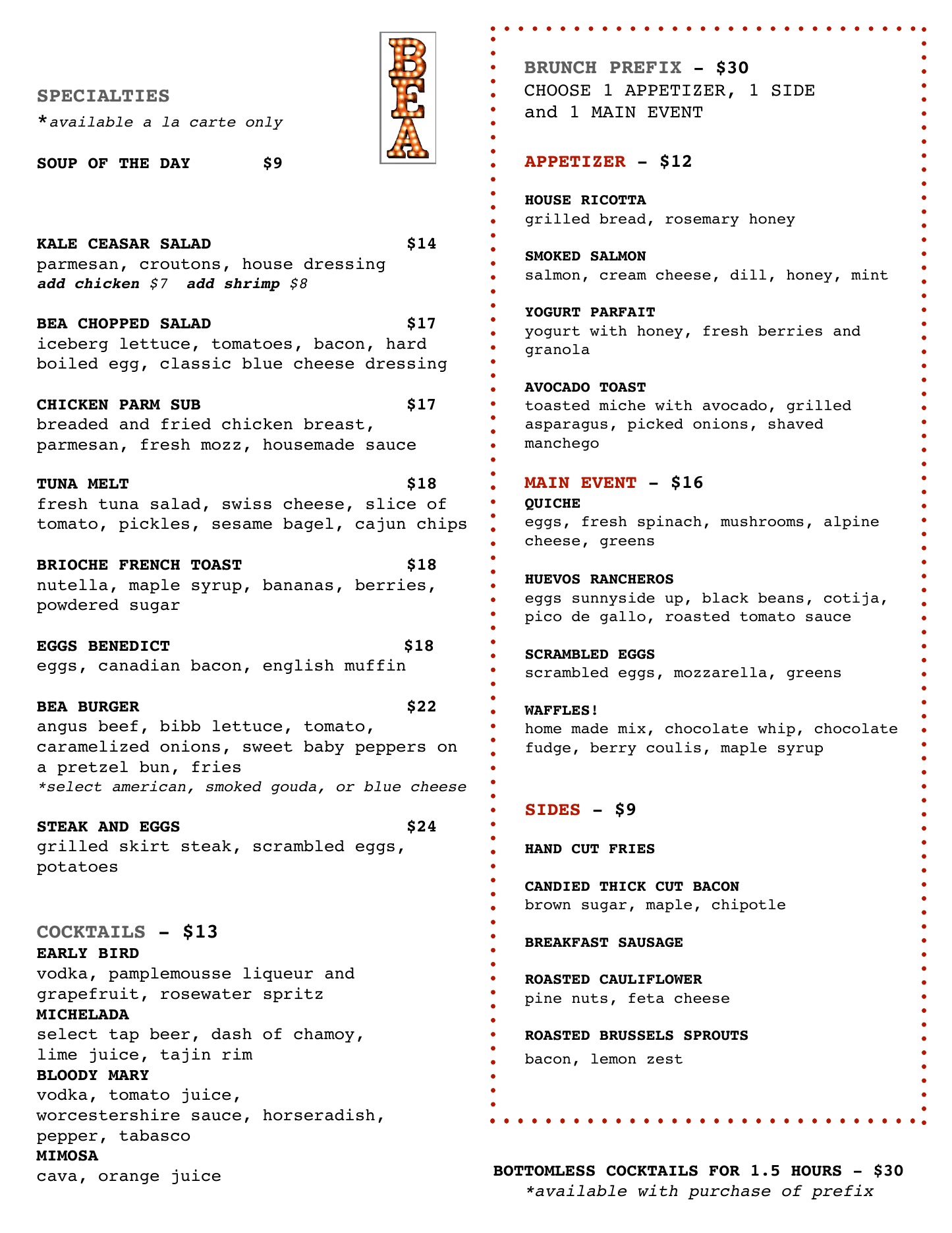 BEA brunch menu