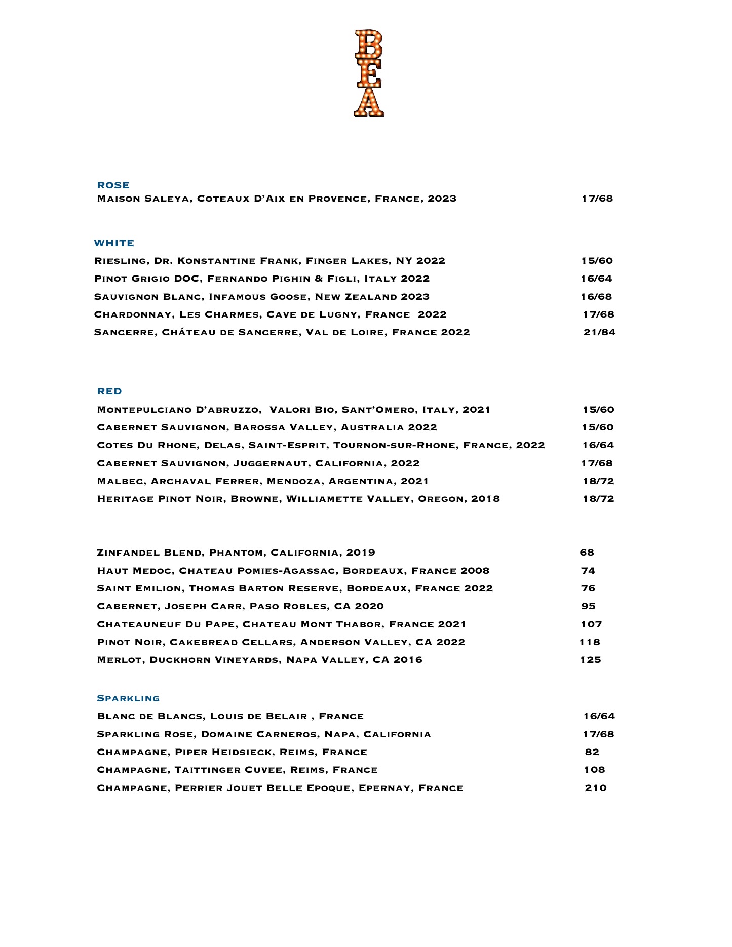 BEA cocktails menu, page 1