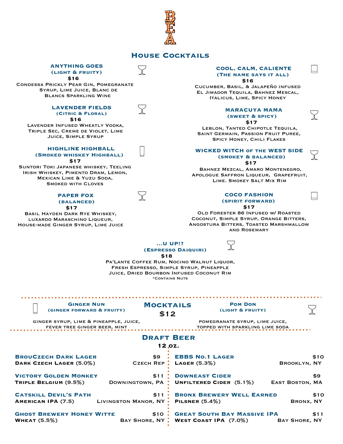 BEA cocktails menu, page 2