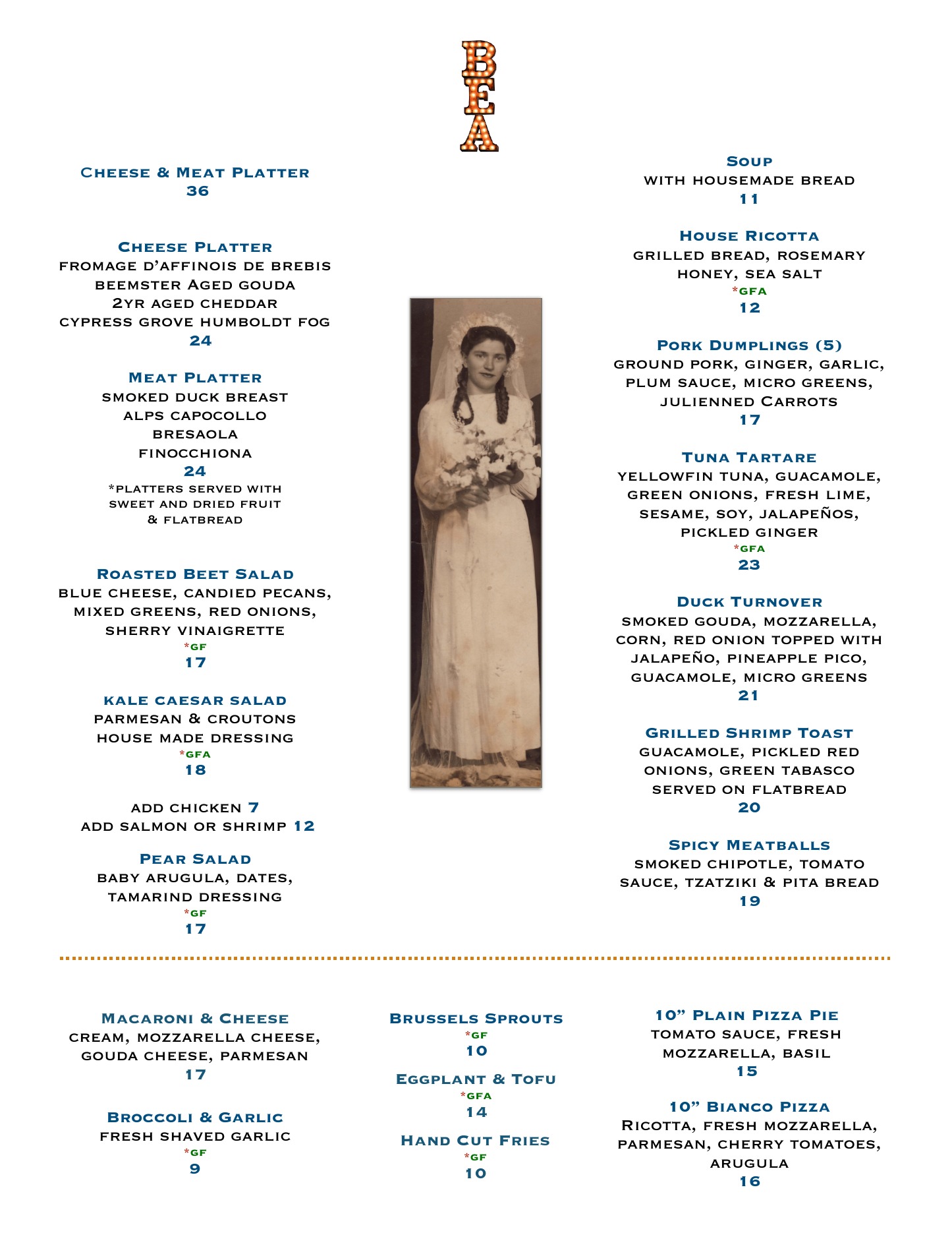 BEA dinner menu, page 1